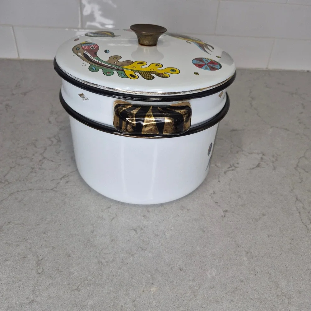 Vintage Georges Briard Enamel Pot MCM Green Garden Pattern Corn